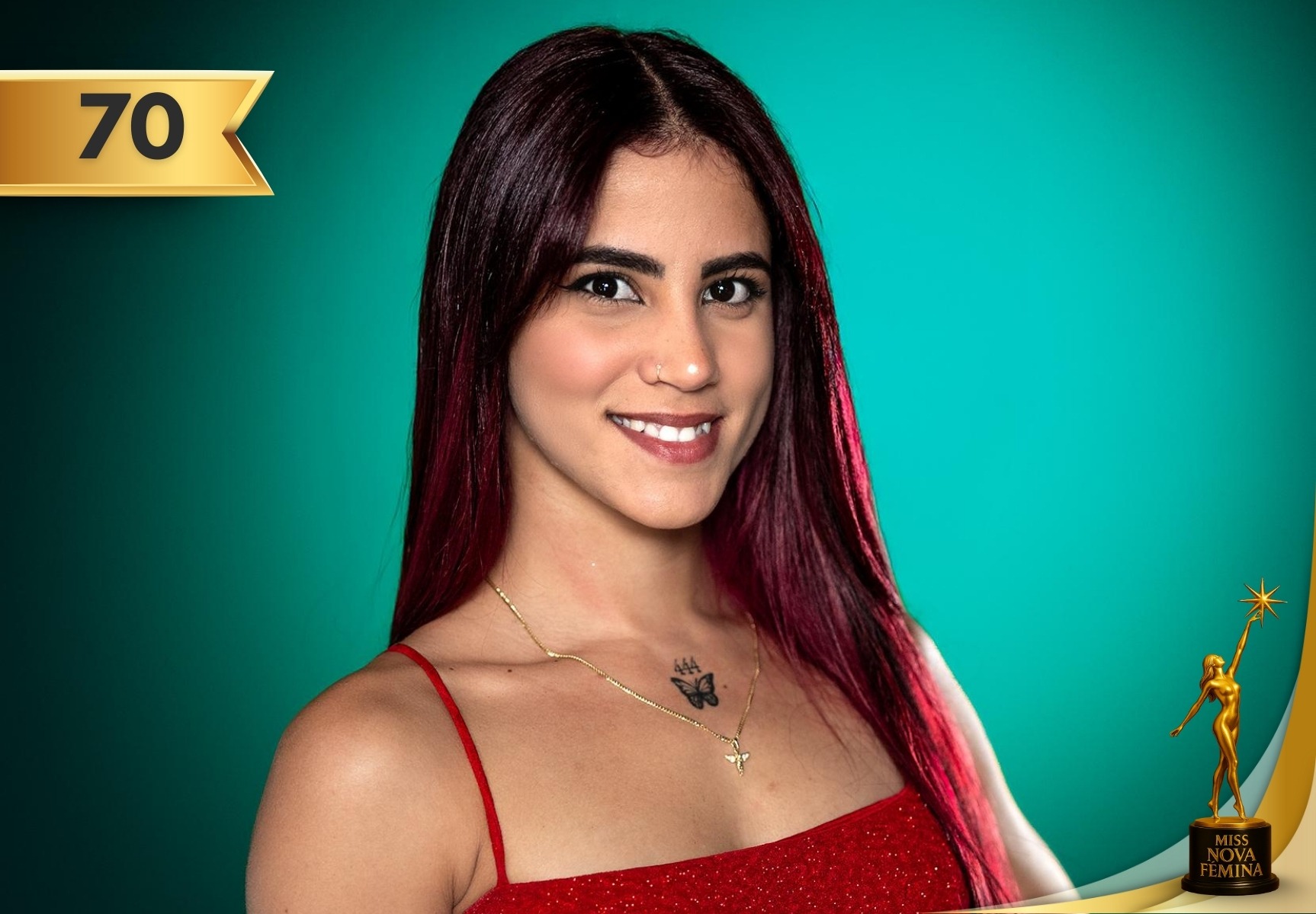 Lilianne Laguna Suárez, participante Nº 70 de Miss Nova Fémina Miami 2025, luce un vestido rojo con brillo y cabello largo en tonos rojizos, destacando su frescura.